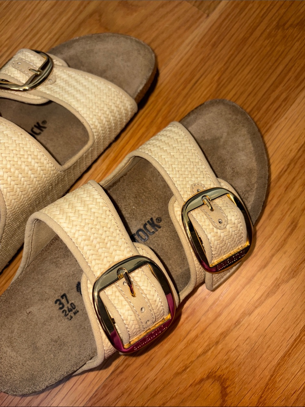 Birkenstock Cream Woven Double-Buckle Sandals with Gold Buckles - Picture 4 of 6